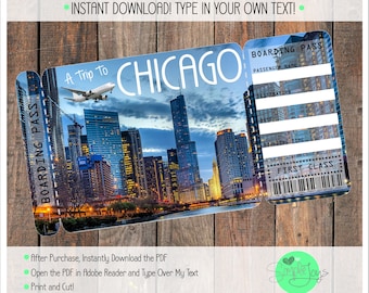 Printable Ticket to Chicago Boarding Pass, Customizable Template, Digital File - You Fill and Print