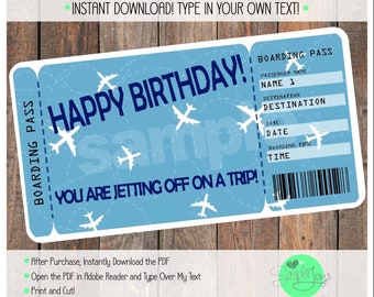 May include: A blue and white printable birthday card designed to look like a boarding pass. The card says "Happy Birthday! You are jetting off on a trip!" and has a space to type in the name, destination, date, and boarding time.
