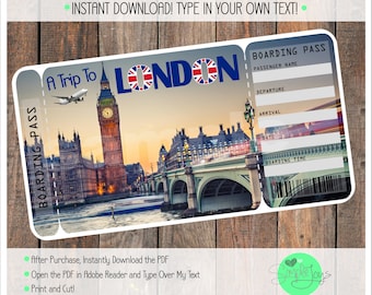 May include: A printable boarding pass template featuring a photo of Big Ben and the Houses of Parliament in London, England. The template has fields for passenger name, departure, arrival, date, and boarding time. The text "A Trip To London" is at the top of the template.