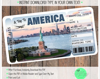 May include: A printable boarding pass template featuring a photo of the Statue of Liberty and the New York City skyline. The template has fields for name, destination, date, and boarding time. The text "A Trip to America" is at the top of the template.