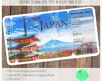 May include: A printable boarding pass template with a photo of a red pagoda, Mount Fuji, and a cityscape. The text "A Trip To JAPAN" is at the top of the pass. The text "BOARDING PASS" is at the top right corner of the pass. The text "FIRST CLASS" is at the bottom right corner of the pass. The text "SAMPLE" is used as placeholder text for the passenger name, destination, date, and boarding time.