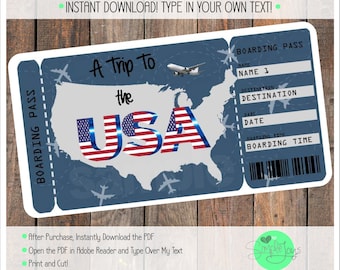 May include: A printable boarding pass template with a blue and white map of the USA and the text "A Trip To The USA". The template has fields for name, destination, date, and boarding time.