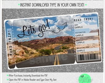 May include: Printable road trip ticket template with a scenic desert road image and the text "Let's go!"  The ticket has fields for name, destination, date, and departure time.  The text "Sample" is used as a placeholder for each field.  The text "ROAD TRIP!" appears at the top of the ticket.