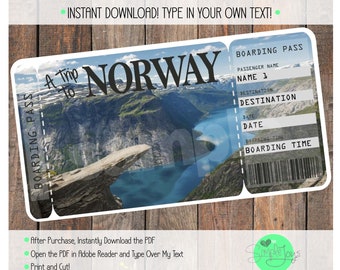 Printable Ticket to Norway Boarding Pass, Customizable Template, Digital File - You Fill and Print