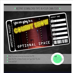 Printable Comedy Show Surprise Ticket Template, Digital PDF File - You Fill and Print