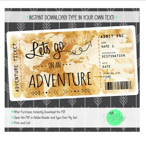 Printable Adventure Trip Ticket, Surprise Urlaubsticket, Bordkarte, Lets Go On An Adventure, Digitale PDF-Datei - Sie füllen und drucken