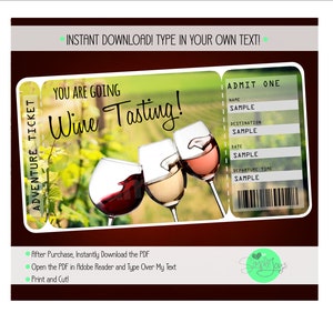 Billet de voyage de dégustation de vin imprimable, billet de vacances surprise, carte d'embarquement, Napa Valley, domaine viticole, fichier PDF numérique - vous remplissez et imprimez
