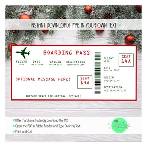 Printable Christmas Airline Ticket Boarding Pass Template, Vacation, Trip, Surprise