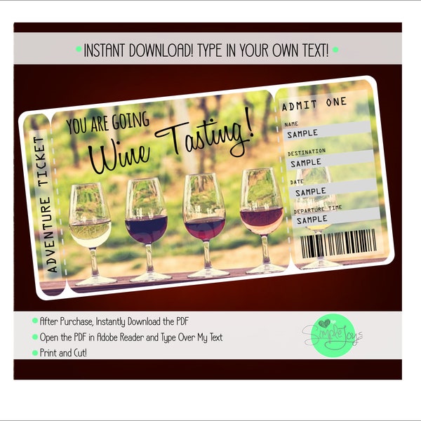 Printable Wine Tasting Trip Ticket, Surprise Vacation Ticket, Boarding Pass, Napa Valley, Winery, Digital PDF File - You Fill and Print