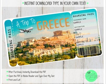 May include: A printable boarding pass template with a photo of the Acropolis in Athens, Greece. The text "A Trip to Greece" is at the top of the pass. The text "BOARDING PASS" is on the right side of the pass. The text "SAMPLE" is in the fields for passenger name, destination, date, and boarding time.