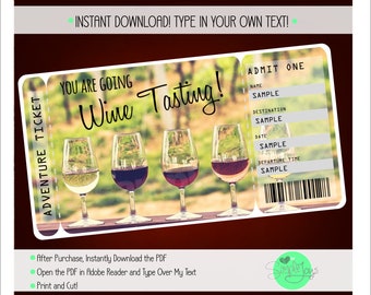 May include: Printable wine tasting ticket with the text "You are going Wine Tasting!" and a picture of five wine glasses with different colored wine. The ticket has a section for name, destination, date, and departure time.