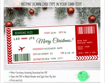 Printable Christmas Vacation Surprise Trip Boarding Pass Airplane Airline Ticket Template, Digital PDF File - You Fill and Print