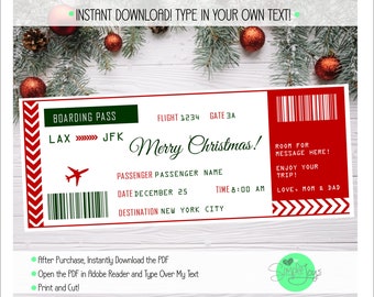 May include: A printable boarding pass with a red, white, and green color scheme. The boarding pass says "LAX >>>> JFK" and "Merry Christmas!" with a plane icon. The text also says "Flight 1234 Gate 3A" and "Destination New York City".