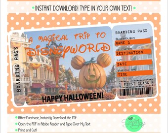 Afdrukbaar Halloween-verrassingsticket voor Disneyworld Disneyland-instapkaart, sjabloon, digitaal bestand - u vult en drukt af