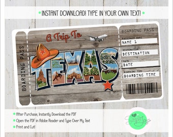 Boleto imprimible a la tarjeta de embarque de Texas, plantilla personalizable, archivo digital: usted completa e imprime