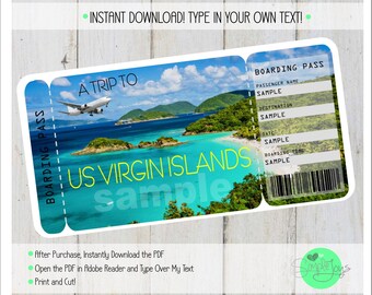 May include: A printable boarding pass template for a trip to the US Virgin Islands. The template features a tropical beach scene with a plane flying overhead. The text "A Trip To US Virgin Islands" is printed in blue and yellow. The text "Sample" is printed in blue and yellow. The template is designed to be personalized with your own text.