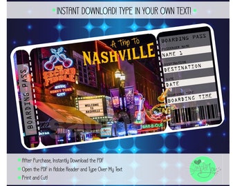 Printable Ticket to Nashville Boarding Pass, Surprise Vacation Trip Ticket, Digital File - You Fill and Print