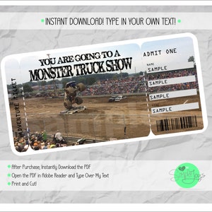 Printable Monster Truck Show Surprise Ticket Template, Digital PDF File - You Fill and Print