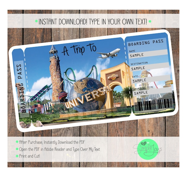 Afdrukbaar ticket voor de instapkaart van Universal Studios, aanpasbare sjabloon, digitaal bestand - u vult en print