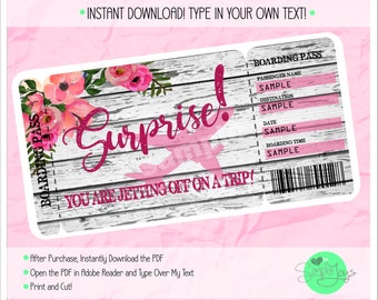 Printable Surprise Vacation Trip Boarding Pass Ticket Template, Digital PDF File - You Fill and Print