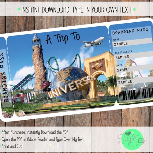 printable ticket to universal studios boarding pass etsy