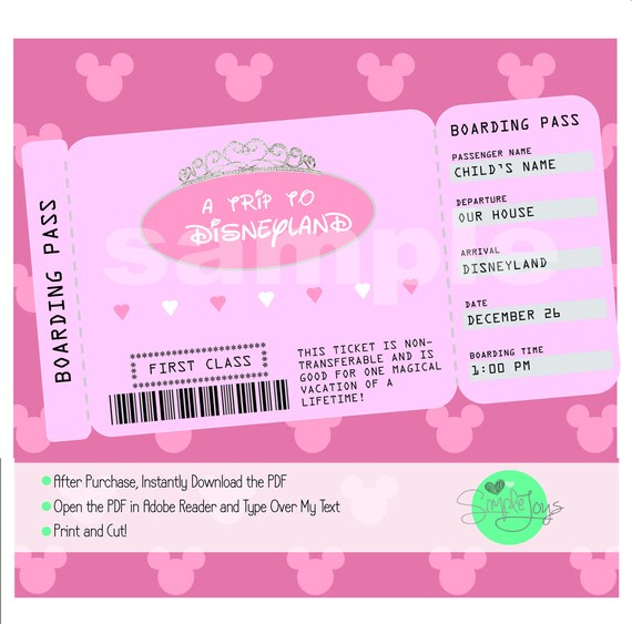 printable ticket to disneyworld disneyland customizable etsy