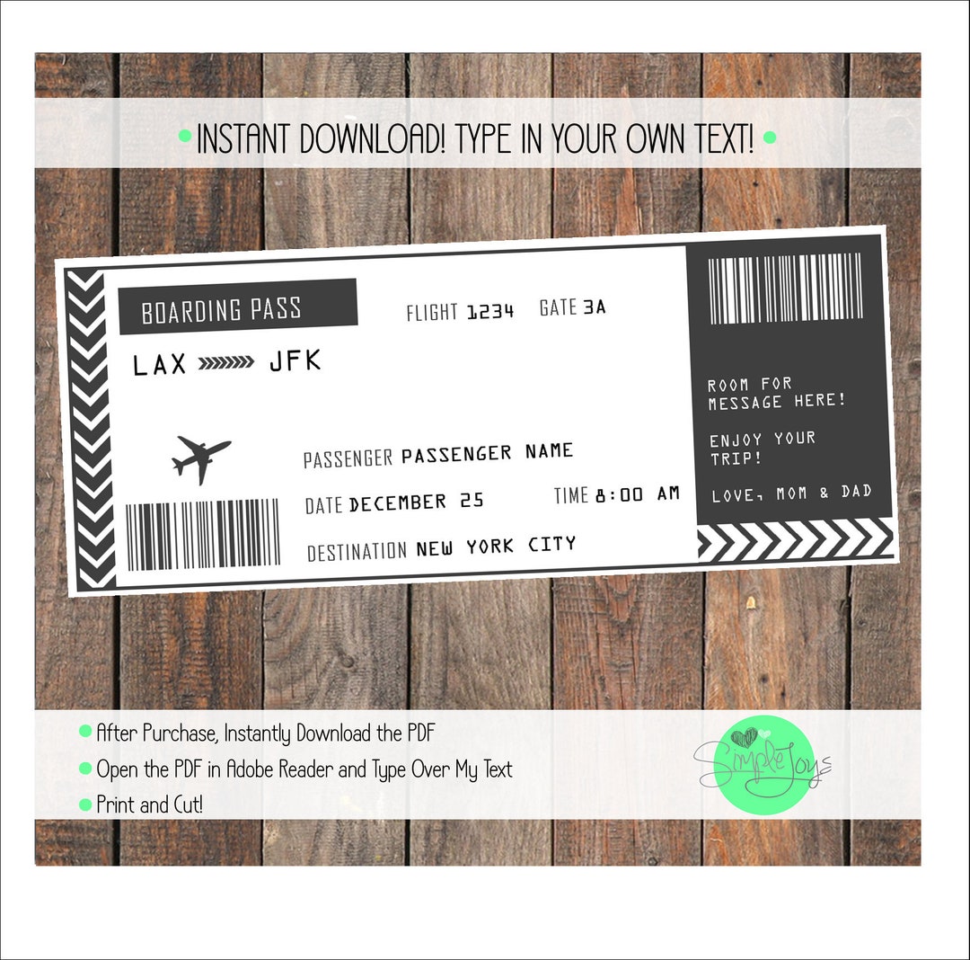 Printable Vacation Surprise Airline Ticket Boarding Pass Surprise