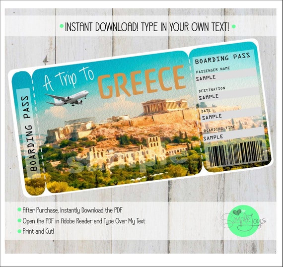 Printable Ticket to Greece Boarding Pass Customizable Etsy