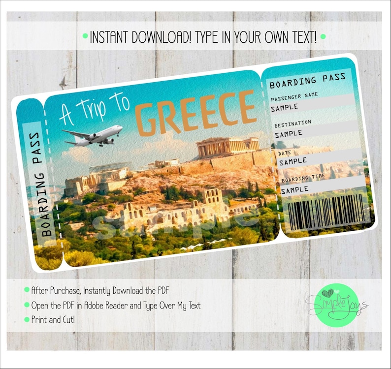 Printable Ticket to Greece Boarding Pass Customizable Etsy