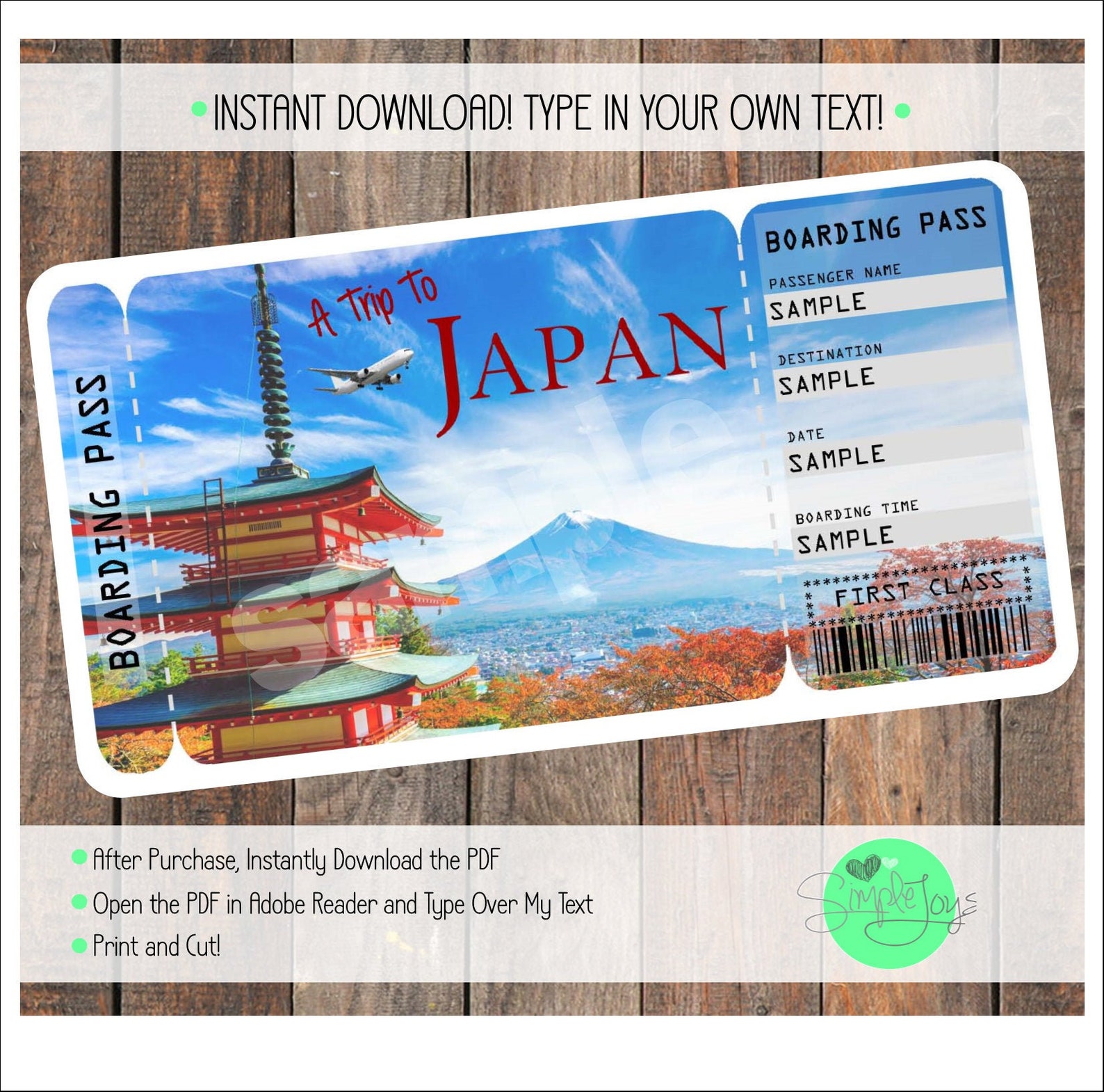 Printable Ticket to Japan Boarding Pass, Customizable Template, Digital