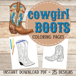 Puede incluir: Un conjunto de 25 páginas para colorear imprimibles con botas de vaquera. Las páginas están diseñadas para que niños y adultos puedan colorearlas. La imagen muestra una ilustración colorida de una bota de vaquera y dos contornos en blanco y negro de botas de vaquera.