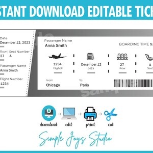 Modèle de révélation de voyage pour billet d'avion imprimable | Carte d'embarquement personnalisable surprise | Modèle de billet de voyage modifiable | Billet numérique