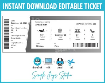 May include: Editable airplane ticket template with a gray background. The ticket includes fields for passenger name, flight number, date, row, seat, and boarding time. The text "BOARDING TIME 5:00" is visible at the top right corner of the ticket. The ticket is designed to be downloaded, edited, printed, and cut.