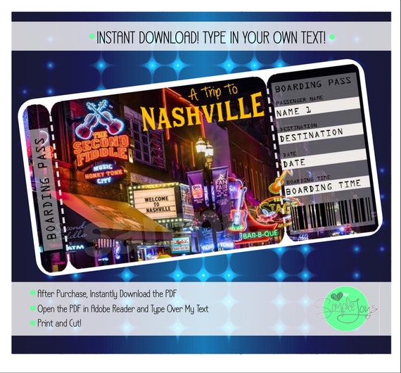 Printable Ticket to Nashville Boarding Pass, Surprise Vacation Trip Ticket, Digital File - You Fill and Print