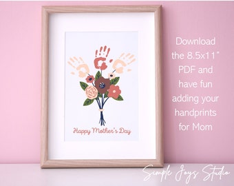 May include: Printable 8.5x11 inch PDF with a floral bouquet design featuring handprint outlines. The text "Happy Mother's Day" is at the bottom of the design. Download the PDF and add your handprints for a personalized Mother's Day gift.