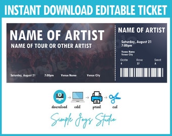 May include: Editable concert ticket template with a dark blue background. The template includes fields for the name of the artist, tour name, date, time, venue, gate, row, and seat. The template also includes a barcode and a section for the artist's name. The text "Instant Download Editable Ticket" is at the top of the template. The text "Simple Joys Studio" is at the bottom of the template.