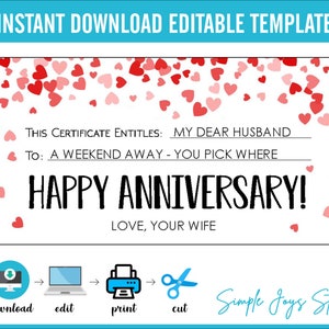 Tarjeta de regalo de aniversario personalizada, plantilla de certificado de regalo, certificado de regalo de bricolaje, vale de regalo, plantilla imprimible en PDF: usted completa e imprime