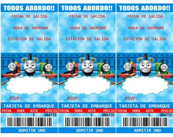 May include: Three blue and white train ticket templates with the text "TODOS ABORDO!!" which means "All Aboard!" in Spanish. The tickets have the text "FECHA DE SALIDA", "HORA DE ABORDAR", and "ESTACION DE SALIDA" which means "Departure Date", "Boarding Time", and "Departure Station" in Spanish. The tickets also have the text "RSVP: TARJETA DE EMBARQUE" which means "RSVP: Boarding Ticket" in Spanish. The tickets have a barcode and the text "ADMITIR UNO" which means "Admit One" in Spanish.