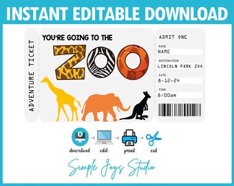 May include: Editable printable zoo ticket template with a colorful zoo animal illustration and the text "You're going to the zoo". The ticket includes fields for name, date, time, and destination. The text "Adventure Ticket" is on the left side of the ticket. The ticket also includes instructions to download, edit, print, and cut the ticket.