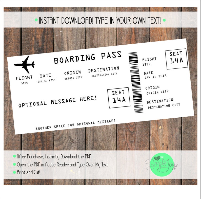 Printable Airline Ticket Boarding Pass Template, Vacation, Trip, Surprise image 1