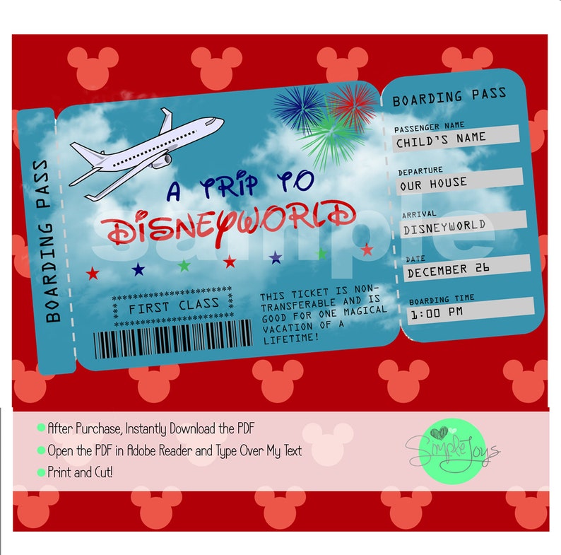 Printable Ticket to Disney Disneyworld/Disneyland Boarding | Etsy