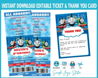Thomas Train Birthday Invitation Ticket & Thank You Card (Fillable PDF)