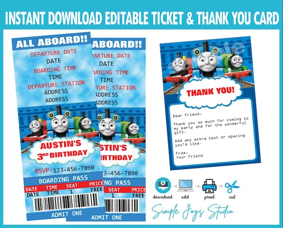 Thomas Train Birthday Invitation Ticket & Thank You Card (Fillable PDF)