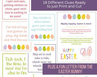 May include: Printable Easter egg hunt clues with colorful eggs and bunny ears. The clues are written in a fun, playful font. The text includes phrases like "I spin and spin, getting clothes so clean" and "Hippity hoppity, Easter is here!"