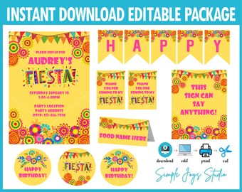 May include: Printable fiesta party decorations in yellow, pink, and green with floral designs. The set includes a banner, invitation, thank you cards, a sign that says "This sign can say anything!" and food labels. The text on the invitation says "Please join us for Audrey's Fiesta! Saturday January 20, 2:00-4:00PM. Party Location, Party Address, RSVP: 123-456-7090."