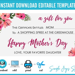 Custom Mother&#39;s Day Gift Card, Gift Certificate Template, DIY Gift Certificate, Gift Voucher, Printable Template PDF, Last Minute Gift
