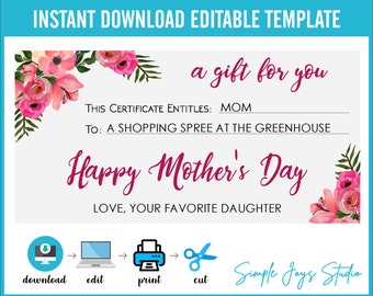 Mother's Day Gift Voucher, Surprise Gift for Mom Certificate Template, –  Cute Party Dash