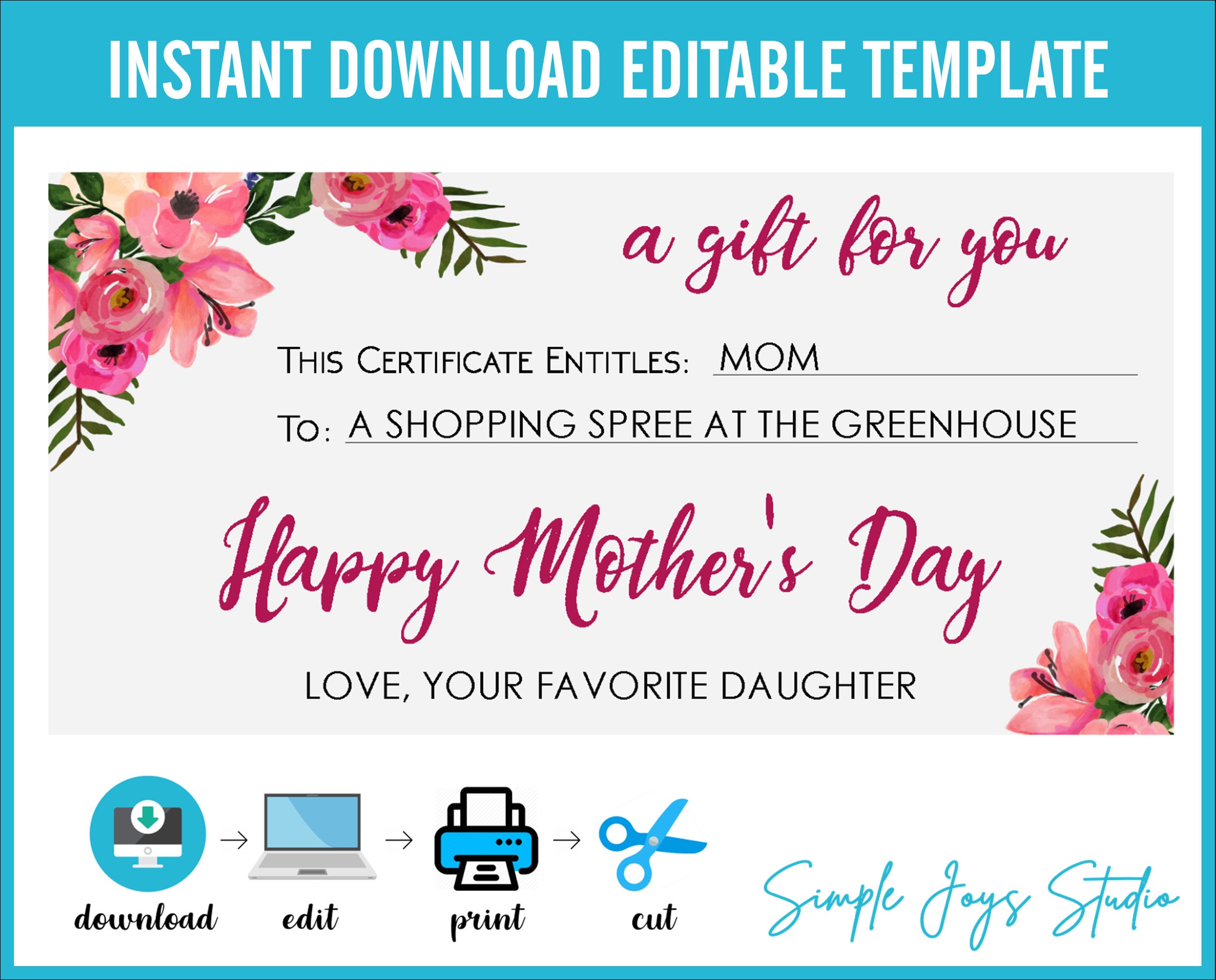 Custom Mother's Day Gift Card, Gift Certificate Template, DIY Gift Certificate, Gift Voucher, Printable Template PDF, Last Minute Gift