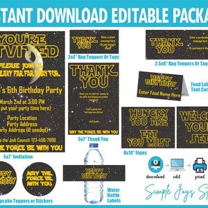 Paquete de fiesta de cumpleaños inspirado en Star Wars - (invitación, agradecimiento, adornos para cupcakes, etiquetas para botellas de agua, tarjetas de comida, carteles, etiquetas)