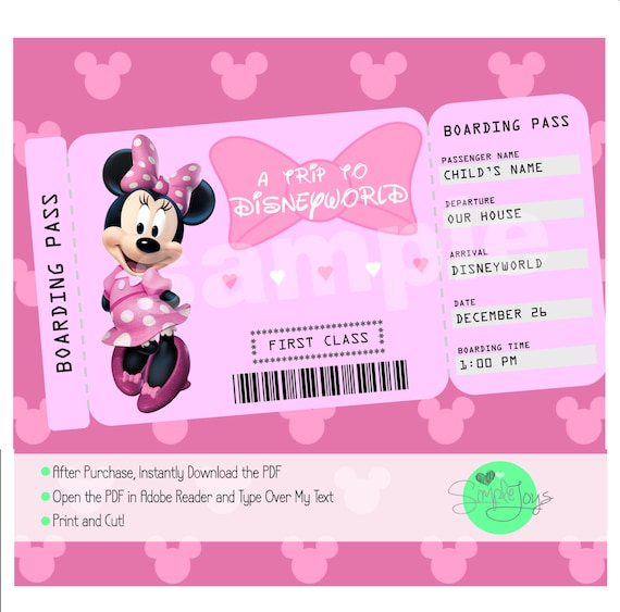 printable ticket to disneyworlddisneyland etsy
